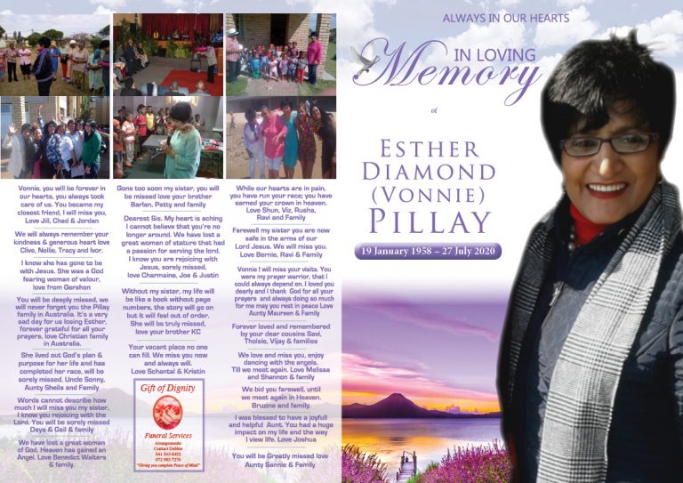 Funeral program of Esther Pillay